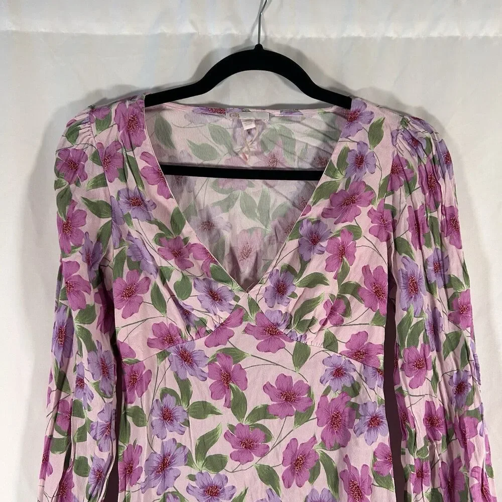 Gianni Bini Mini Dress Women's XS Pink Floral Vneck Long Sleeve Pullover